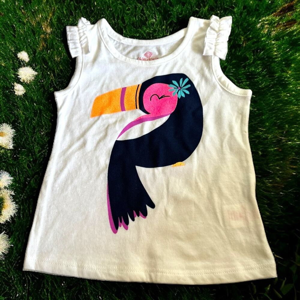 Okie Dokie Girlsโ Tank Top Sz 18 Mo White Toucan Glitter Ruffle Trim Pink Orange